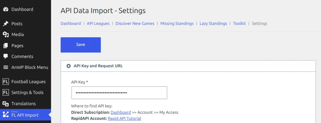 The FL API Import menu highlighted in the WordPress sidebar with the Settings tab selected, showing the Save button above the first settings block