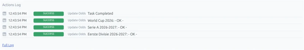 The Actions Log under the Dashboard after running Update Odds: a green success line per competition reading the competition name followed by - OK -, and a Task Completed line