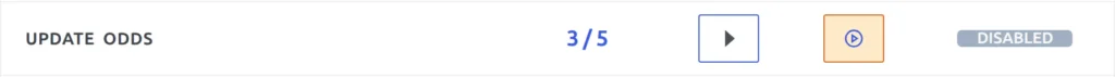 The Update Odds row on the FL API Import Dashboard: the selected / all competitions count, the Run button, the orange Schedule button and the Scheduled Status badge