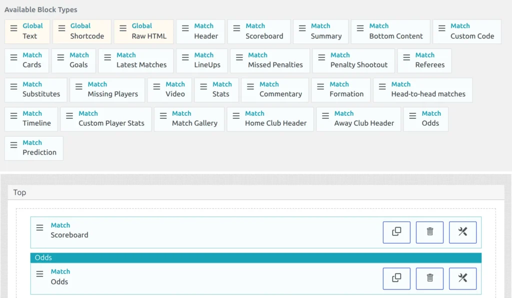 A Match layout in Layout Builder v1: the Match Odds chip in the Available Block Types list, and the same block placed in a layout section below the scoreboard