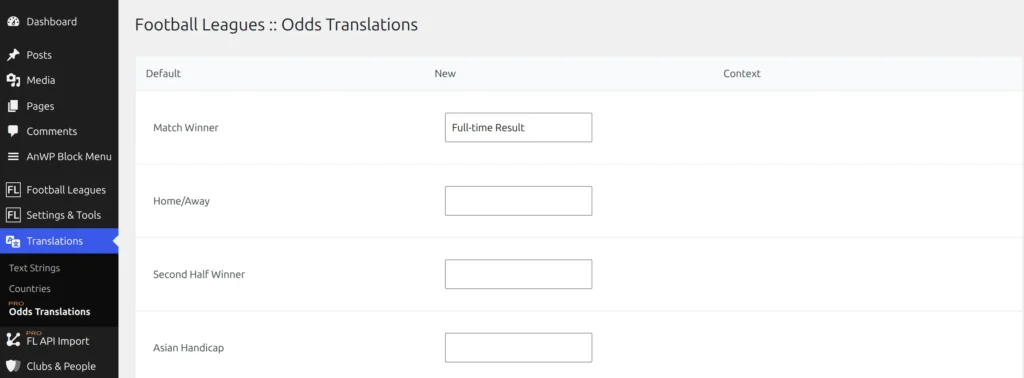 The Odds Translations page under the Translations menu: Default, New and Context columns, with Match Winner, Home/Away, Second Half Winner and Asian Handicap rows and one New field filled in