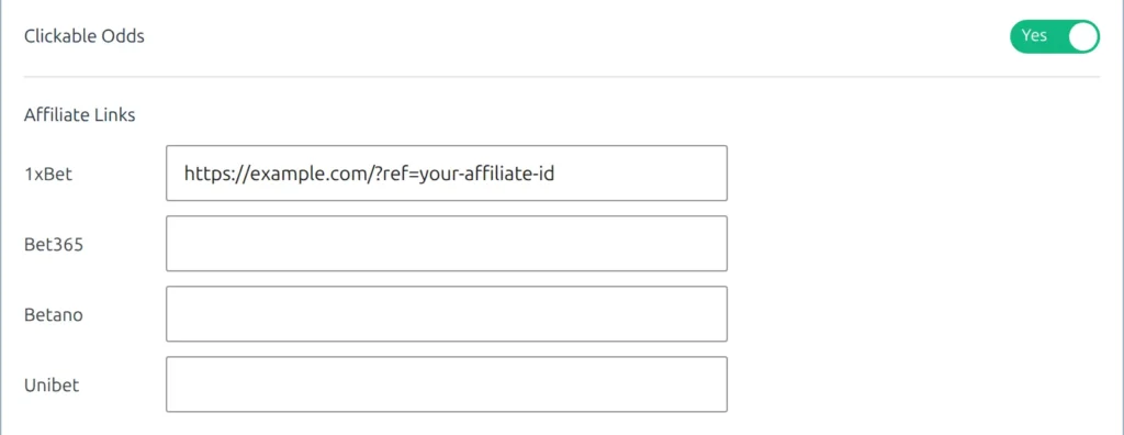 The Odds block with Clickable Odds switched to Yes and the Affiliate Links fields below it, one text field per ticked bookmaker with a link pasted into the first