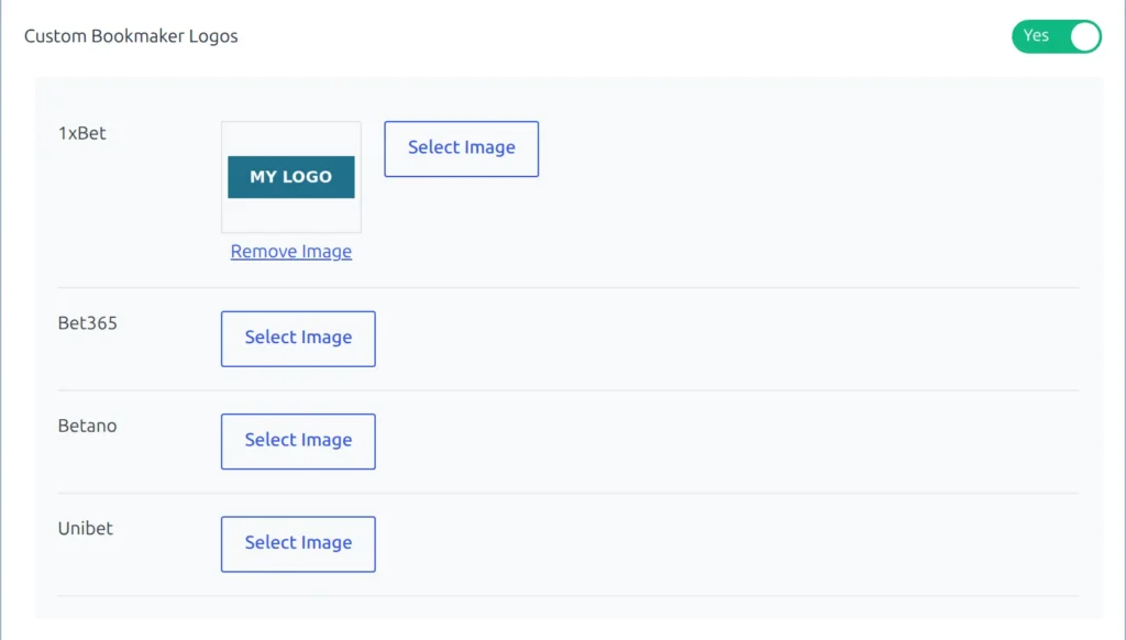 Custom Bookmaker Logos switched to Yes: one row per ticked bookmaker, the first with a chosen image preview, a Remove Image link and a Select Image button, the others with Select Image only