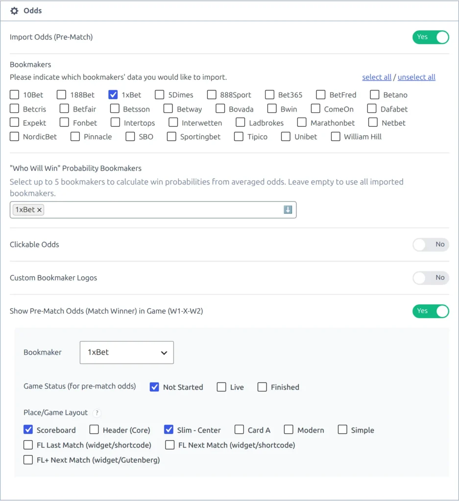 The whole Odds block on the API Import Settings tab: the Import Odds Pre-Match switch, the bookmaker checkboxes, the Who Will Win probability bookmakers, Clickable Odds, Custom Bookmaker Logos, and the W1-X-W2 controls