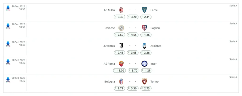 A slim match list of upcoming games, each row showing the kickoff date, both clubs and a 1, X, 2 strip of match-winner prices centered under the club names