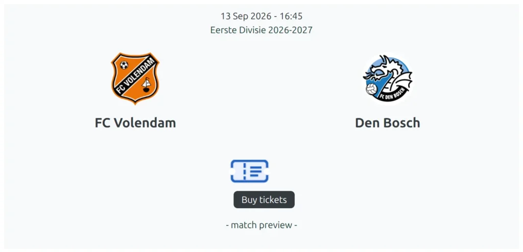 The same game drawn as the core header instead of the scoreboard - both crests and club names on a plain white background, with the ticket icon and the dark Buy tickets label centered below them