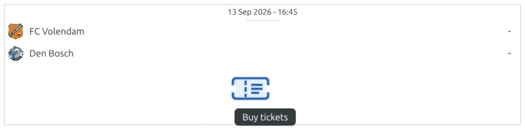 A modern match-list card with the two clubs stacked one per line and the kickoff time above them, and a ticket icon above a dark Buy tickets label below
