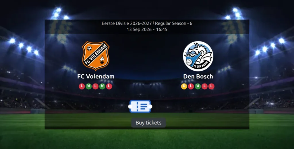 A game page scoreboard with a stadium photo behind it and the two crests side by side, and a ticket icon above a dark Buy tickets label centered below them