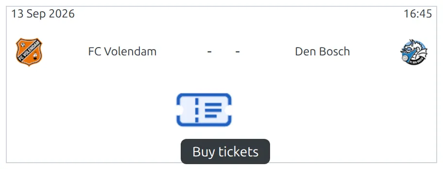 A simple-layout match row at narrow width - date and kickoff time on the top line, both clubs and crests on the next, and a ticket icon above a dark Buy tickets label beneath