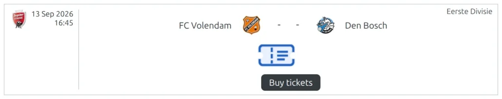A slim match-list row with the competition badge, date and kickoff time on the left and both clubs across the middle, and a ticket icon above a dark Buy tickets label centered beneath the score line
