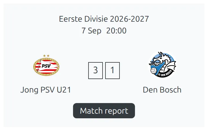 The FL Last Match widget at sidebar width showing both crests and the final score 3-1, with a dark Match report button directly under the score