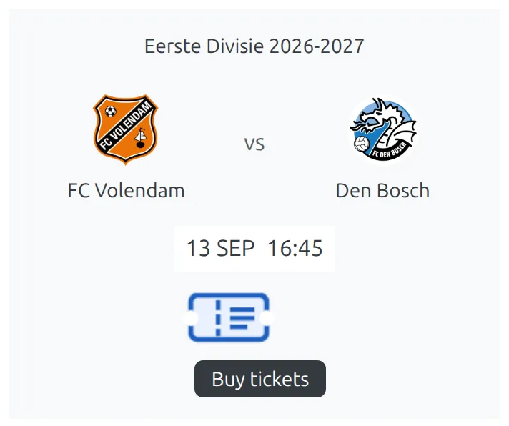 The FL Next Match widget at sidebar width showing both crests with vs between them and the kickoff date and time, and a ticket icon above a dark Buy tickets label below them