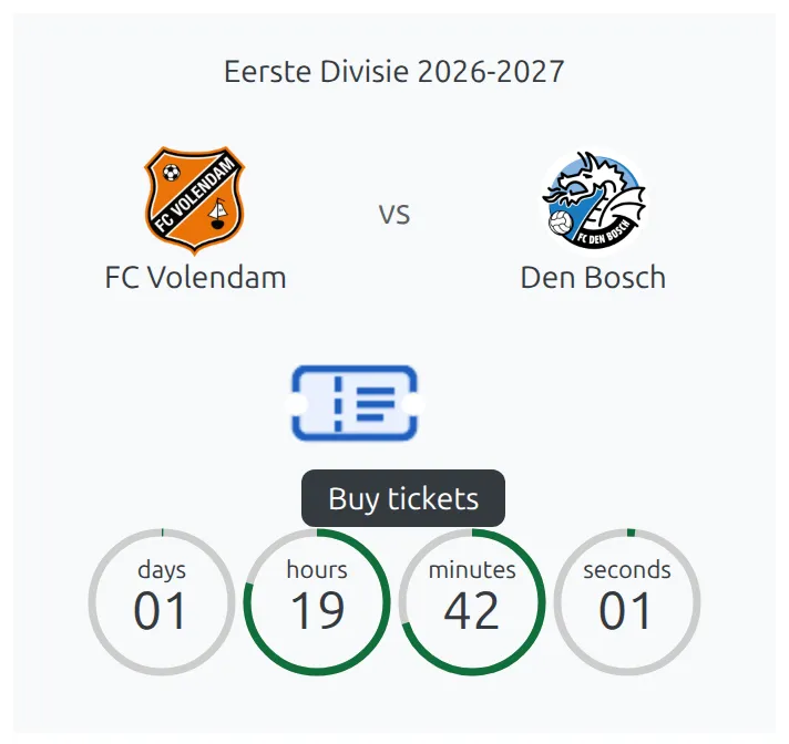 The FL+ Next Match block showing the competition name, both crests with vs between them, and a four-dial days, hours, minutes and seconds countdown, with a ticket icon and a dark Buy tickets label between the crests and the countdown