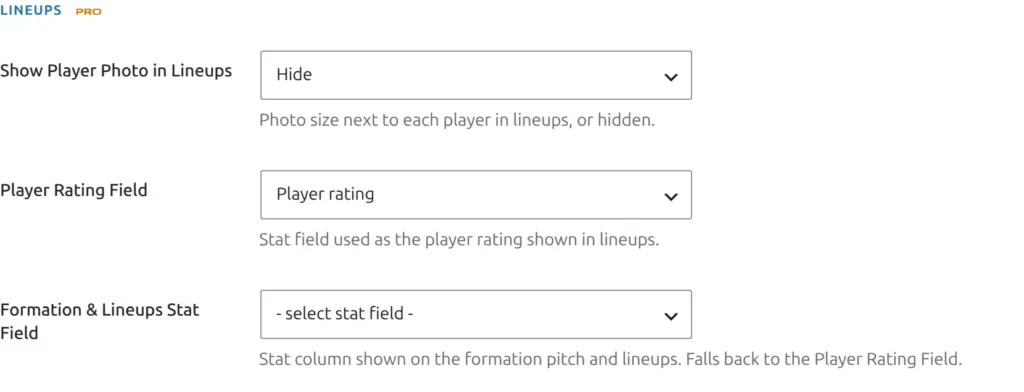 Lineups group in the Match Display settings with Player Rating Field set to the rating column