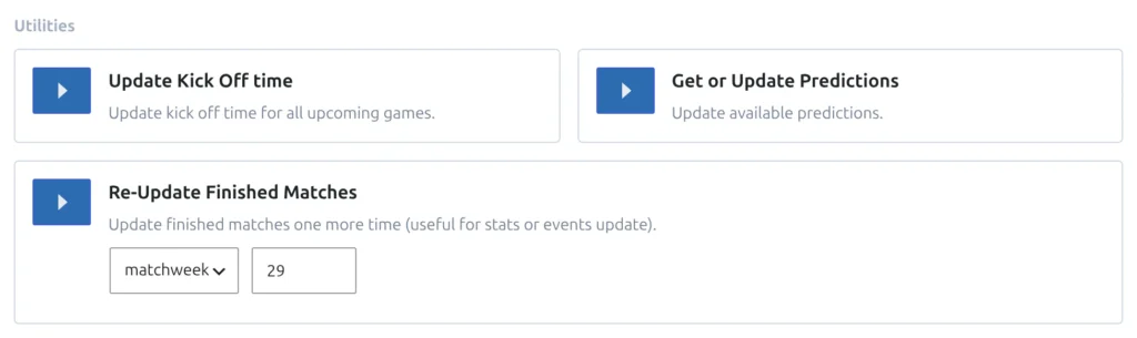 The Utilities block in Import Competition Configuration, with the Re-Update Finished Matches card, its dropdown set to matchweek and 29 typed in the matchweek box