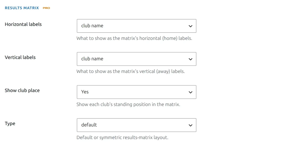 The Results Matrix group on the Standing tab of the Settings page - its four selects: Horizontal labels, Vertical labels, Show club place and Type