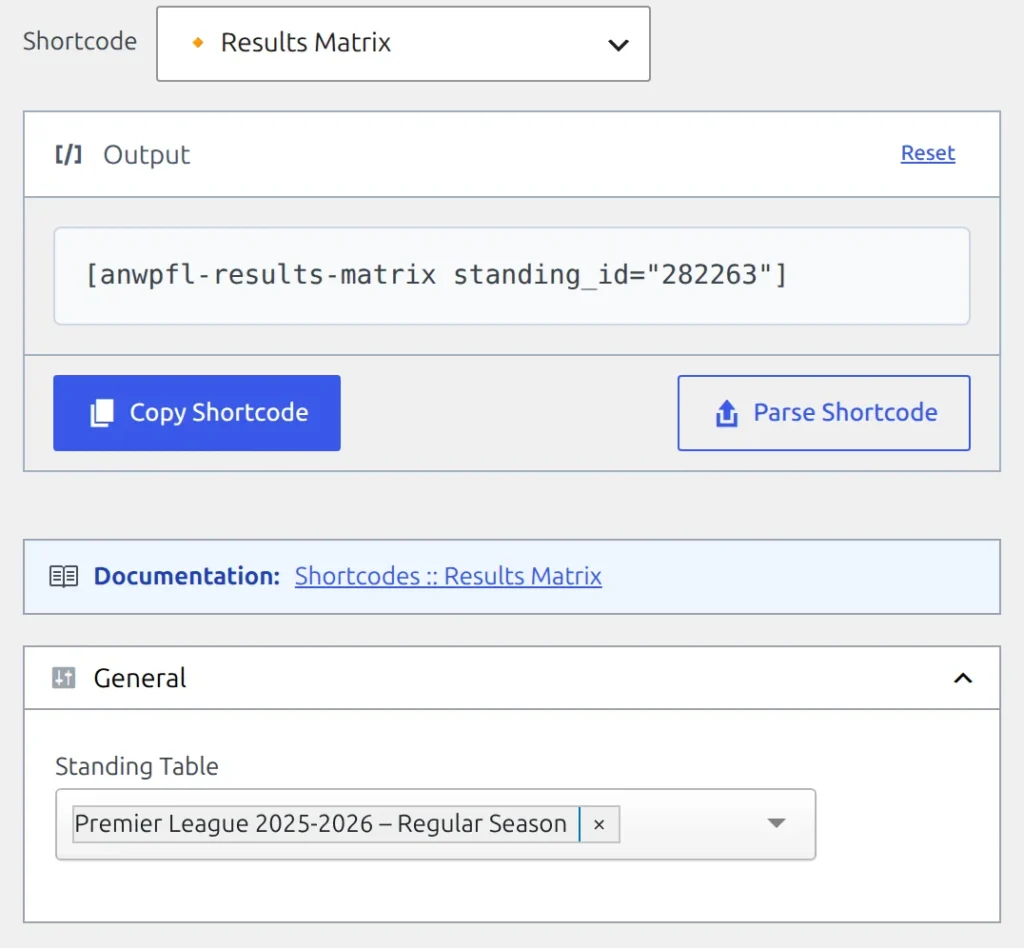 The Shortcodes page with Results Matrix selected - the Standing Table list with a league's table picked and the generated anwpfl-results-matrix shortcode with its standing_id