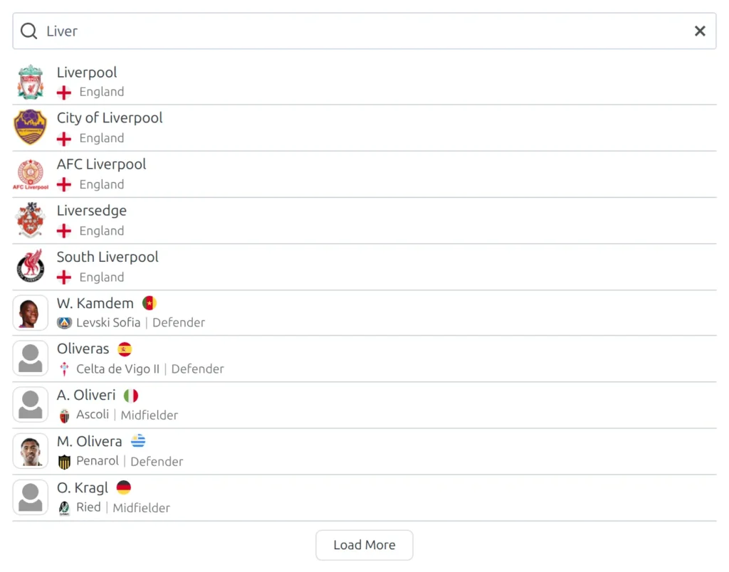 Inline search shortcode with the percentage CSS applied: a wide search box with the matching clubs and players listed underneath at the same width