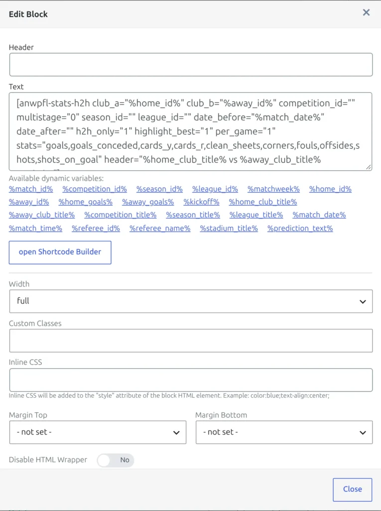 The Shortcode block options modal with the Text field, the list of clickable dynamic variables and the open Shortcode Builder button