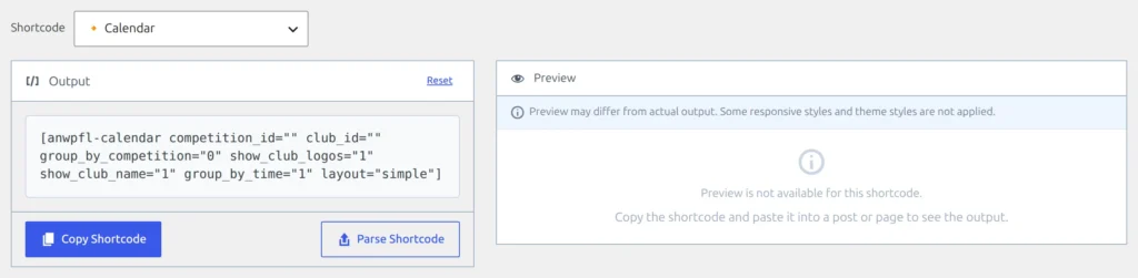 The Preview panel with the Calendar shortcode selected, showing Preview is not available for this shortcode and a hint to paste it into a post or page instead