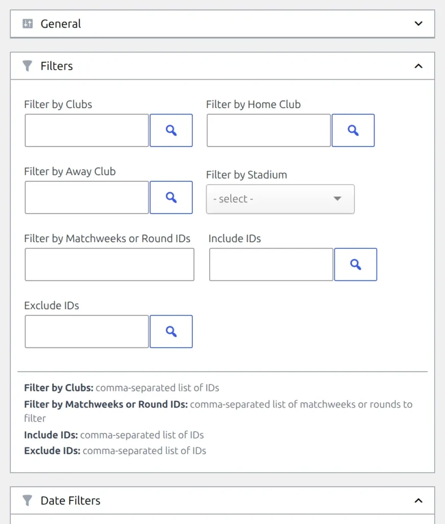 The Matches form in the Shortcode Builder: the General section collapsed to its header bar, the Filters section open with its field descriptions listed together at the bottom, and the Date Filters section header below