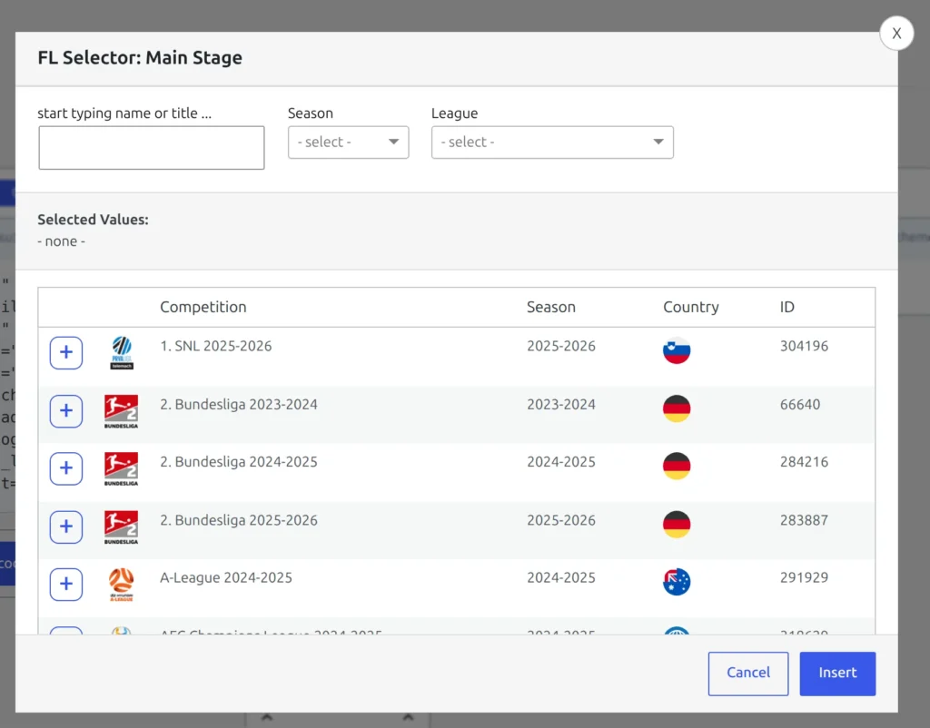 The entity picker opened from the magnifier button next to the Competition ID field, with a search box, season and league filters, and a results table whose last column is ID
