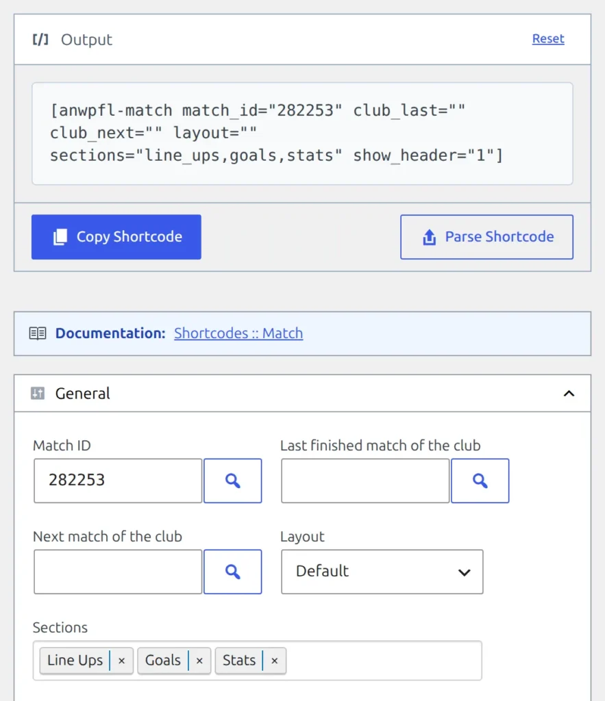 The Match shortcode form with Line Ups, Goals and Stats chips in the Sections field, and the Output box showing sections in that same order