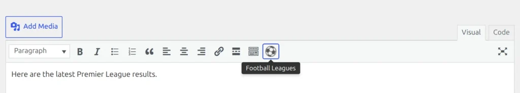 The Classic Editor toolbar with the gray soccer ball button at the end of the first row and its Football Leagues tooltip showing