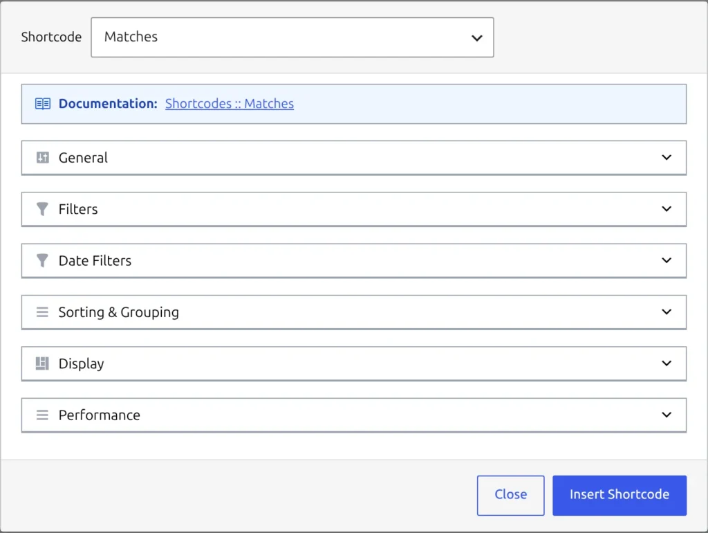 The shortcode popup over the Classic Editor with Matches picked in the Shortcode dropdown, its option sections below, and the Close and Insert Shortcode buttons at the bottom