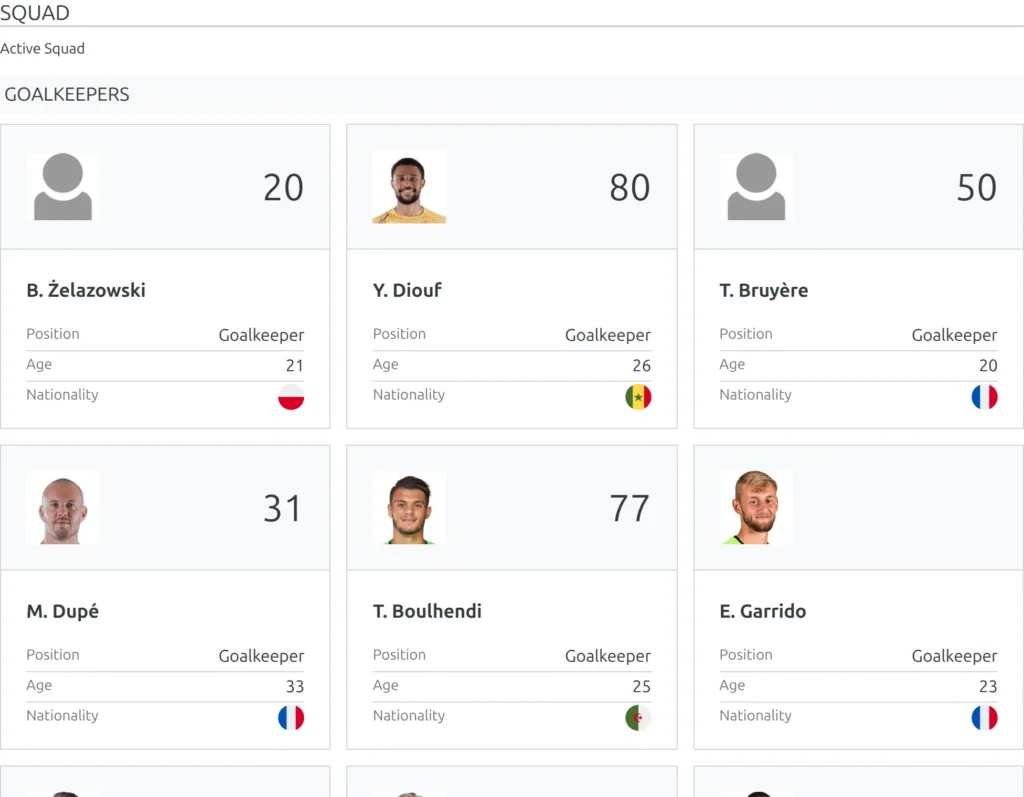 Squad shortcode, blocks layout - the same squad as a grid of player cards, each listing position, age and nationality under the photo