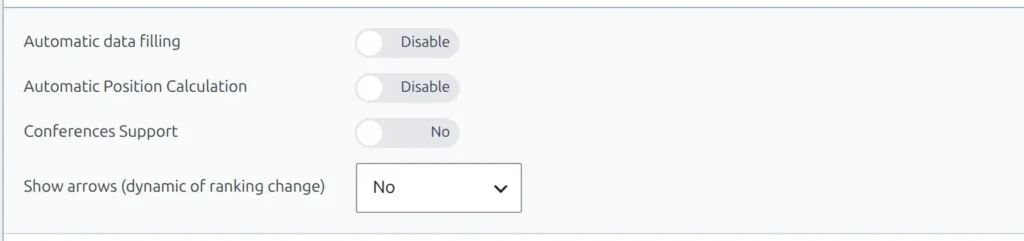 The settings strip above a standing table, with Automatic data filling set to Disable, Automatic Position Calculation set to Disable, Conferences Support set to No and the ranking-arrows select on No