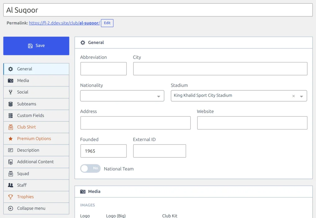 The club editor with a club title entered and the left sidebar showing the Save button above its section links, including General, Media, Custom Fields, Squad and Staff