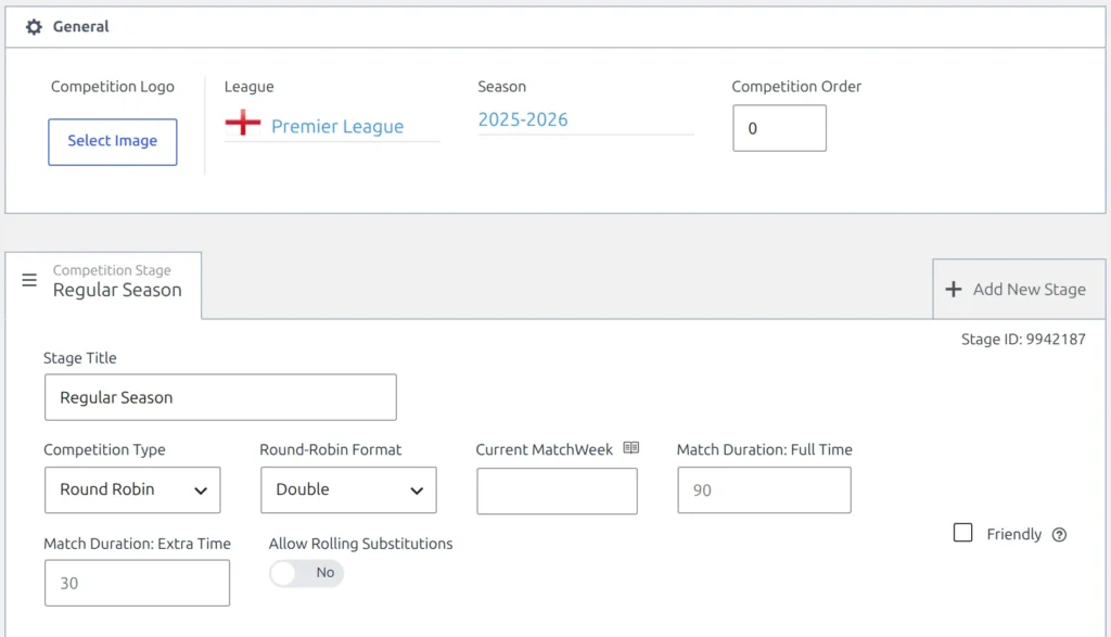 The Competition Stages box on a new competition: the General section with Competition Logo, League, Season and Competition Order, then the Regular Season stage tab next to Add New Stage, with Stage Title, Competition Type, Round-Robin Format and the Friendly checkbox below