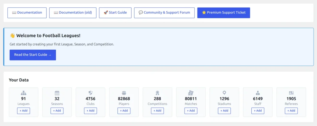 The Football Leagues Dashboard with the Start Guide button in the resources bar, the Welcome to Football Leagues banner, and the Your Data panel showing a count and a + Add button for leagues, seasons, clubs, players, competitions, matches, stadiums, staff and referees