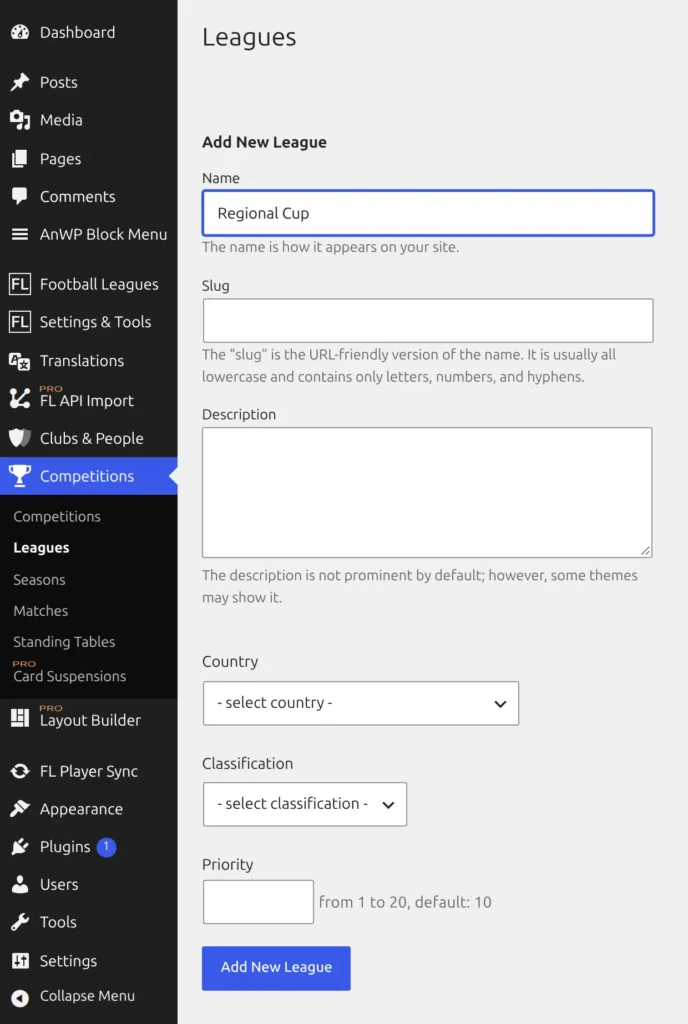 The Competitions menu opened on Leagues, with the Add New League form on the left and the Leagues and Seasons items visible in the admin sidebar