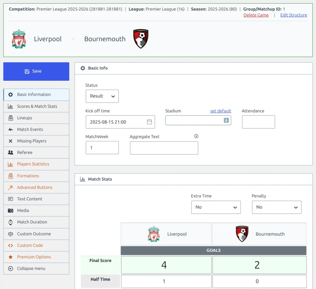 The match editor after setup: the header with competition, league and season and the Edit Structure link, the Basic Info block with Status set to Result, and the Match Stats block with the Final Score and Half Time boxes