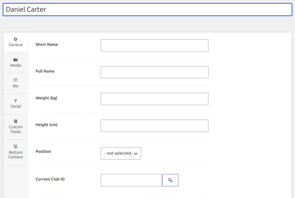 The Add New Player screen with a player name entered and the General tab of the player box showing Short Name, Full Name, Position and the Current Club ID field with its search button