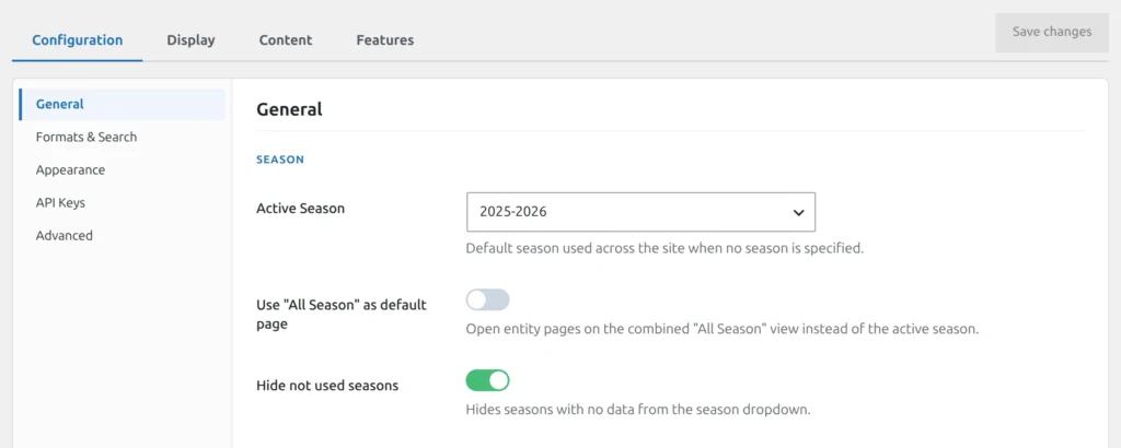 The Settings page on the Configuration tab with General selected in the sidebar, showing the Season group and its Active Season dropdown