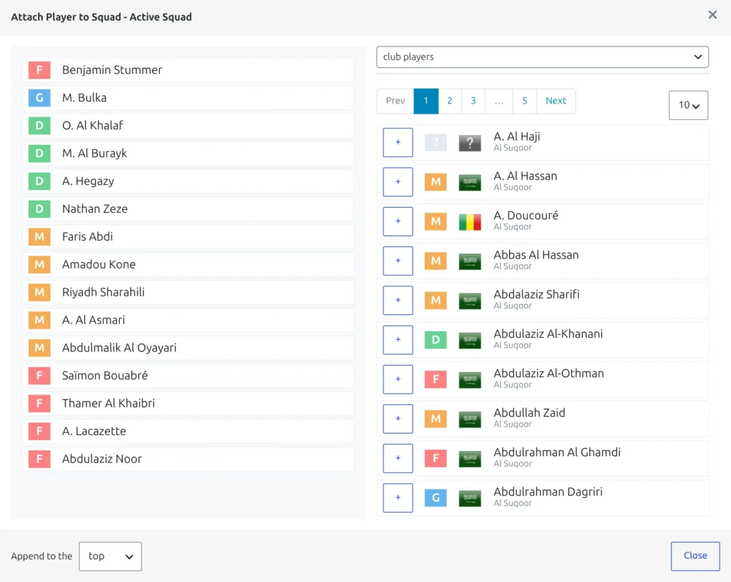 The Attach Player to Squad - Active Squad modal with the club players dropdown, a paginated player list with a plus button next to each name, and Append to the top and the Close button at the bottom