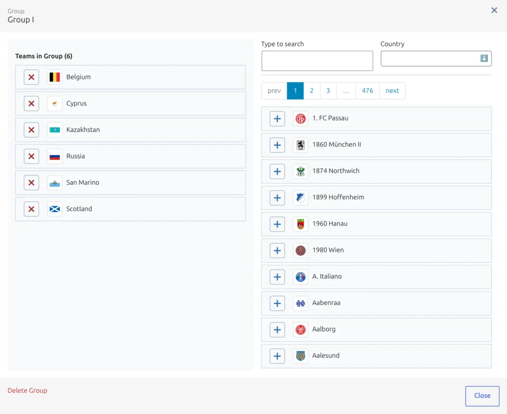 The Group modal with the clubs already in the group listed on the left, and on the right a Type to search box, a Country filter and a list of clubs with a plus button next to each, plus the Close button at the bottom