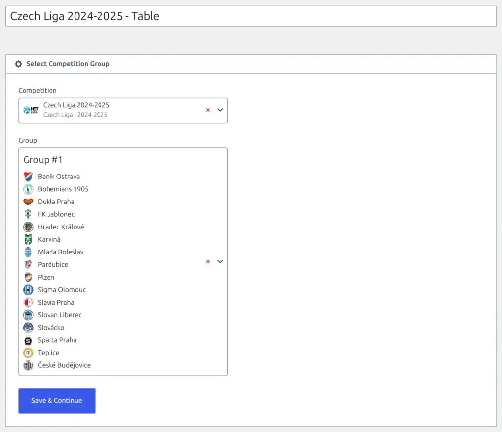 The Add New Standing Table screen with a title entered and the Select Competition Group block showing the Competition and Group dropdowns and the Save and Continue button