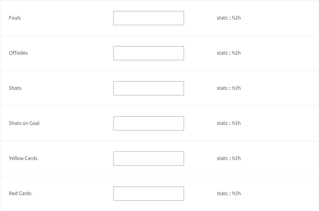 Club stat labels on the Text Strings page under Translations - Fouls, Offsides, Shots, Shots on Goal, Yellow Cards and Red Cards, each with an empty override field and stats :: h2h as its context