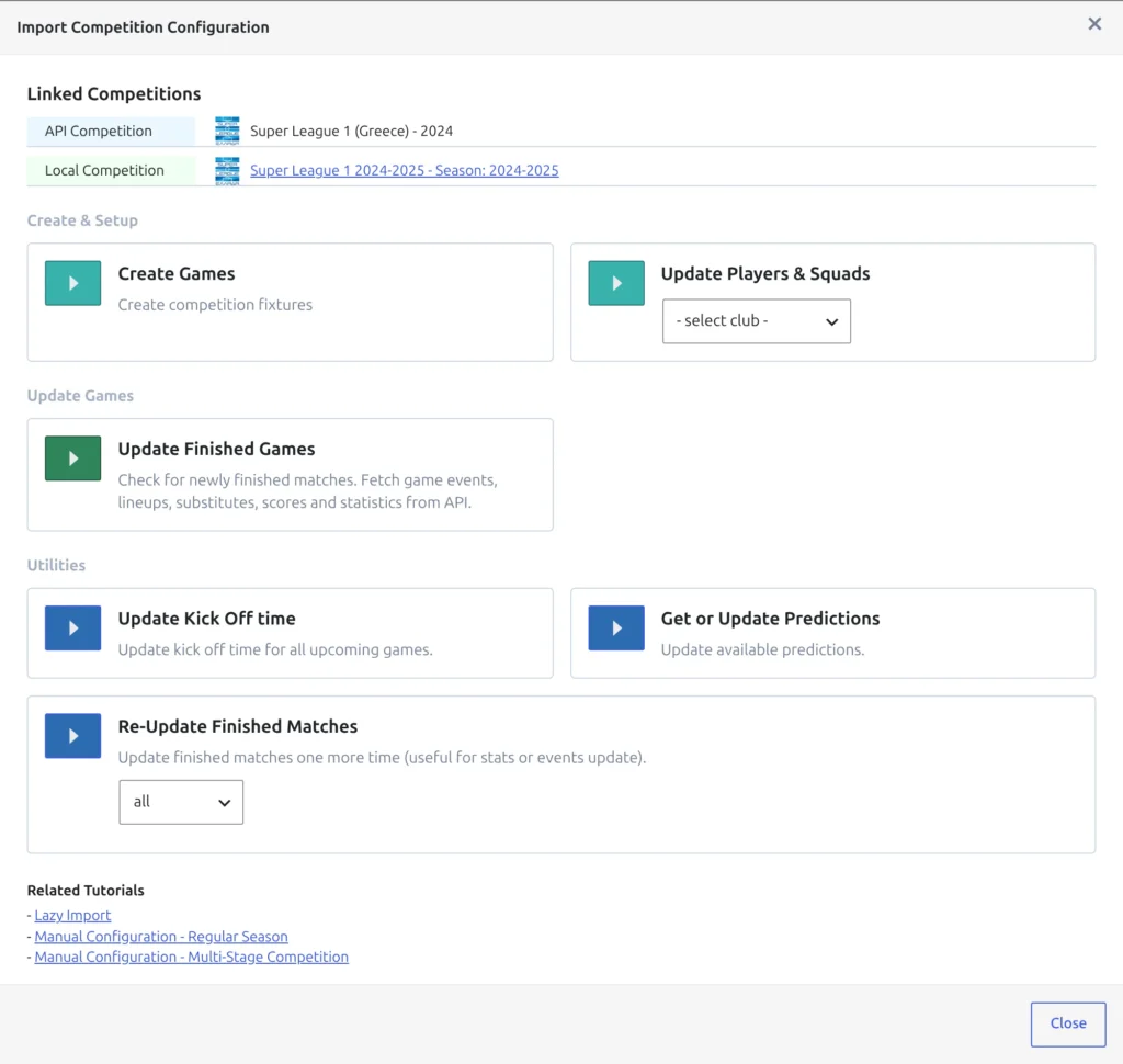 The Import Competition Configuration modal, with API Competition Super League 1 (Greece) - 2024 and Local Competition Super League 1 2024-2025 - Season: 2024-2025 under Linked Competitions, and the Create Games card first in the Create and Setup group