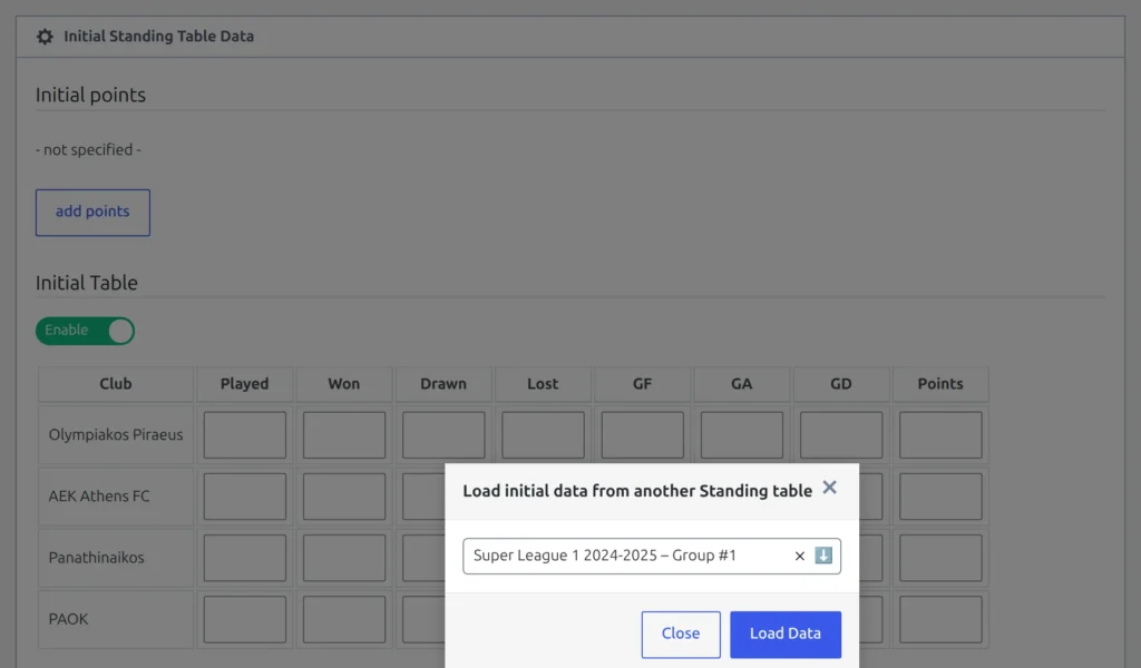 The Initial Standing Table Data block with Initial points not specified, the Initial Table toggle on Enable over an empty grid for the four Championship Play-offs clubs, and the Load initial data from another Standing table modal open with Super League 1 2024-2025 - Group #1 selected above the Load Data button