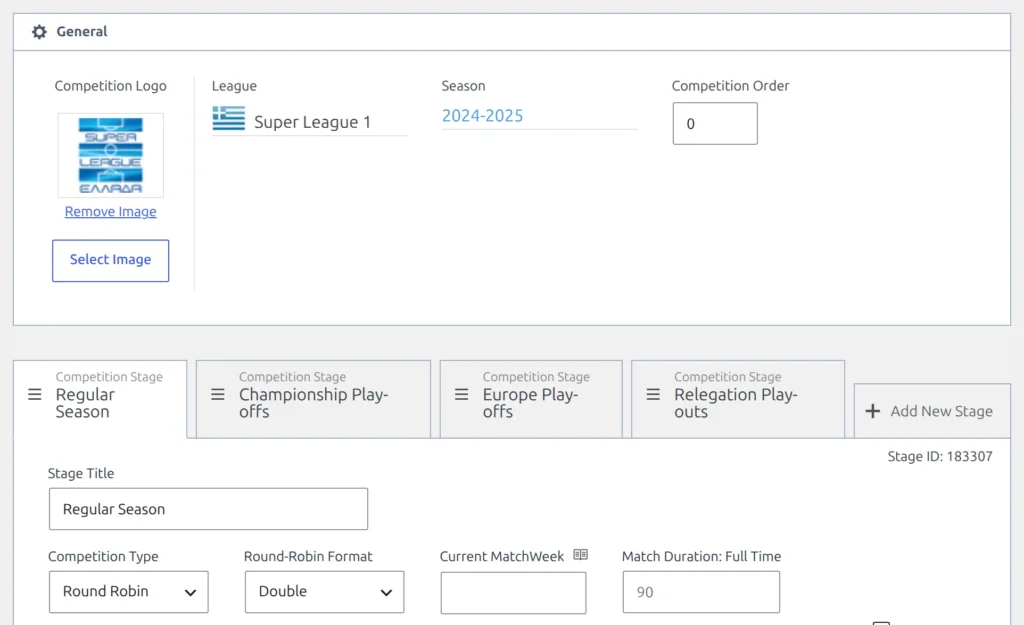 The Super League 1 2024-2025 competition editor, with League Super League 1 and Season 2024-2025 in the General panel, and below it the Regular Season stage set to Competition Type Round Robin and Round-Robin Format Double