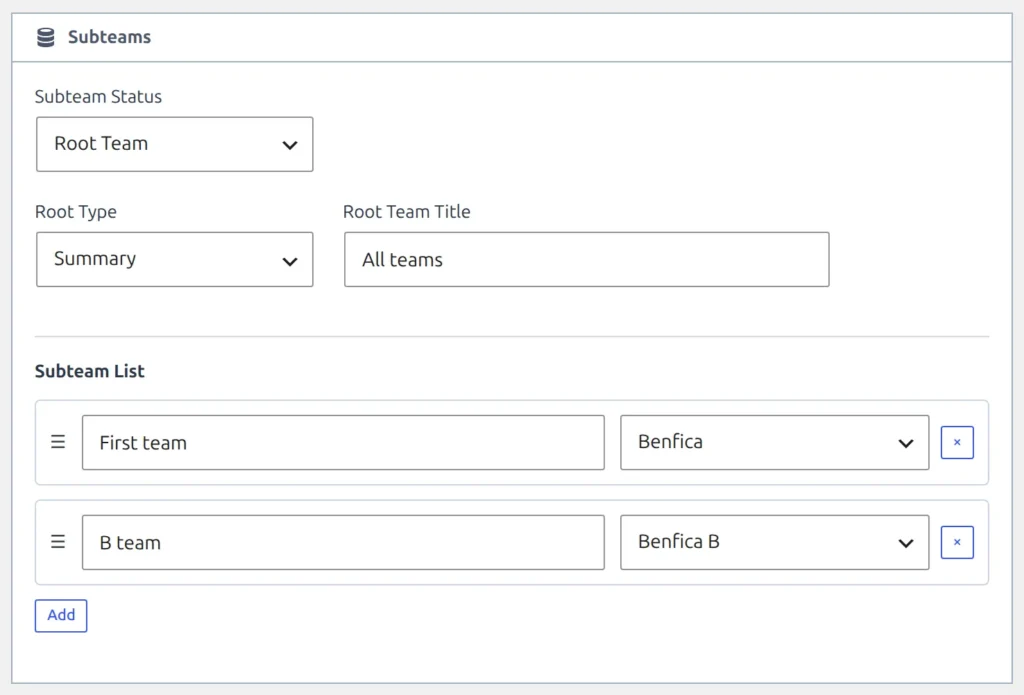 The Subteams tab of the club editor with Root Type set to Summary and the Subteam List filled with the club's teams