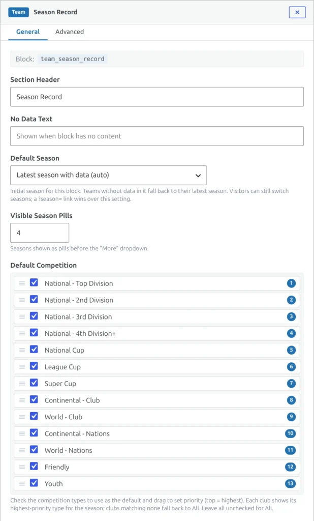 The Season Record block settings in Layout Builder v2 - Default Season, Visible Season Pills and the Default Competition list of competition types with drag handles and priority numbers