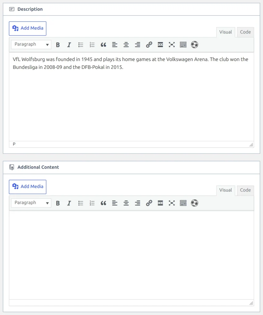 The club edit screen with the Description box and its text editor, and the Additional Content box below it