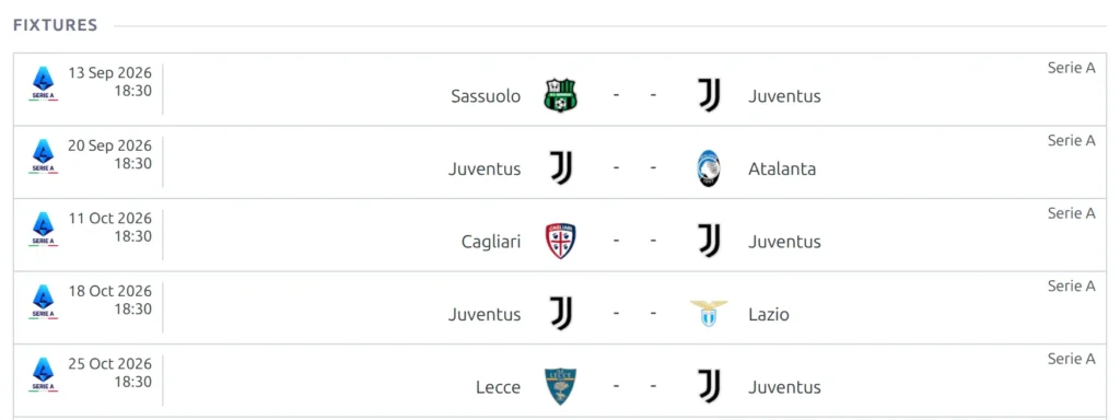 The Fixtures block on a club page - a flat list of the club's scheduled matches with dates and kickoff times and no score yet