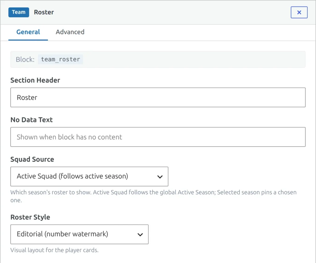 The Roster block settings in Layout Builder v2 - the Squad Source select set to Active Squad and the Roster Style select set to Editorial